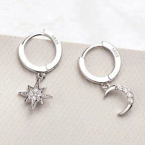 *NEW 925 Sterling Silver Diamond Moon Star Hoops